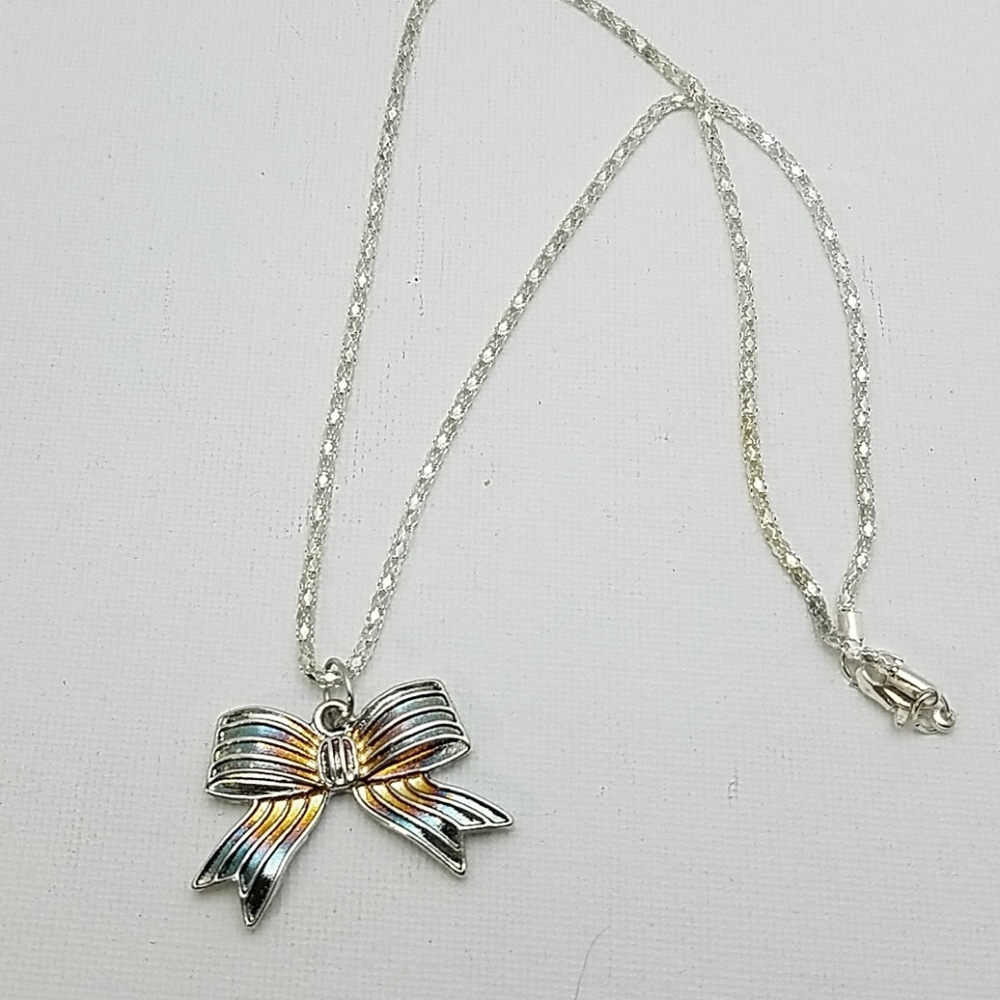 Patriotic Rainbow Tied Bow Silver 16" Chain